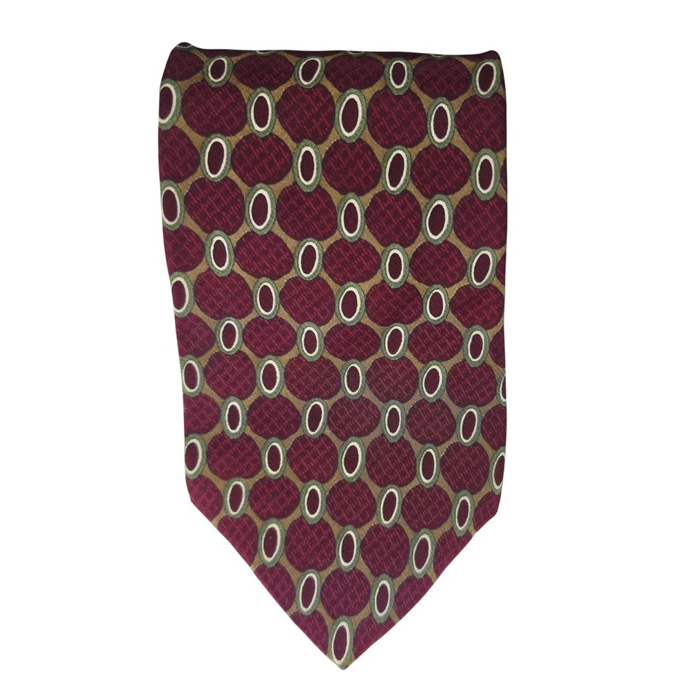 Geoffrey Beene Silk Tie Mens OS Burgundy Green Geometric Italian Fabric USA
